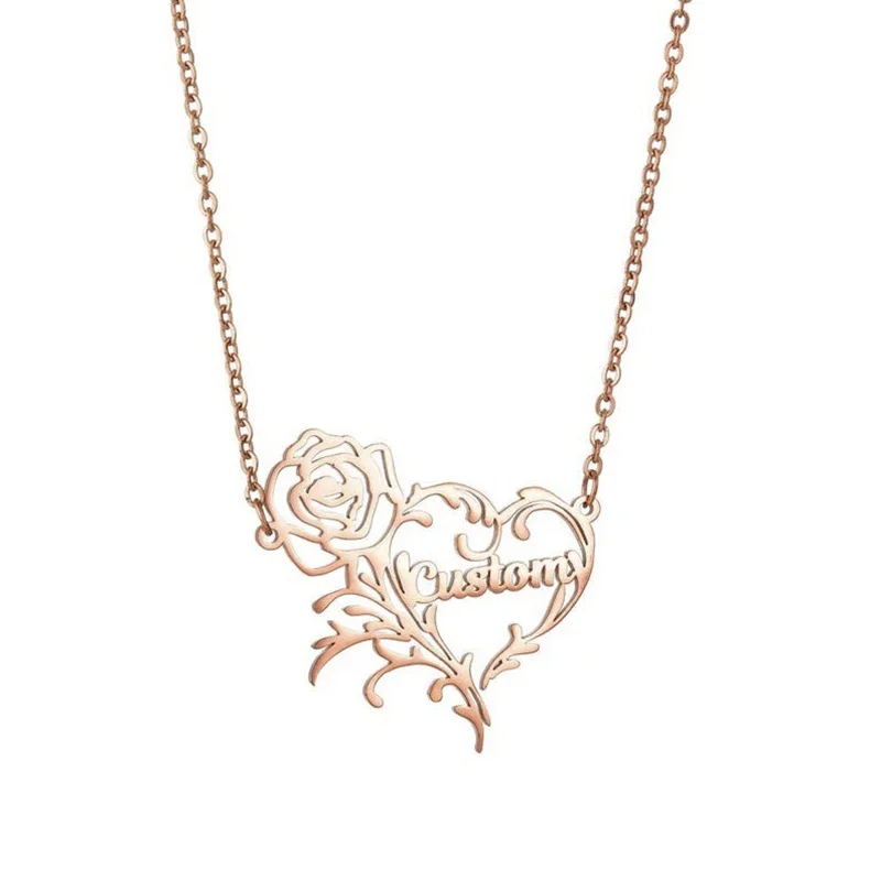 Custom Name Rose Heart Charm N - Birth Flower Necklace recension och pris